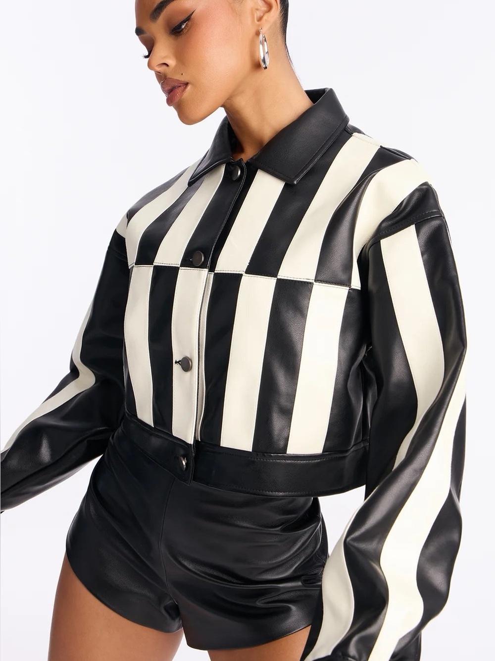Fashion Nova Black & White Striped Faux Leather Jacket Get Over It Cropped Faux
